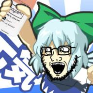 anime arm blue_hair bottle bow cirno clothes crazed female glasses hair hand holding_bottle holding_object holding_soylent open_mouth plastic_bottle soy soyjak soylent soylent_(cacao) soylent_bottle stubble subvariant:soyak_(crazed) touhou variant:soyak video_game white_skin // 288x288 // 140.5KB