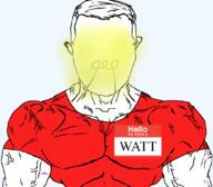 ear hello_my_name_is_(sticker) lightbulb muscles red_shirt subvariant:muscular_chud variant:chudjak watt_(user) white_hair white_skin // 1059x929 // 293.1KB