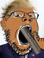 blood donald_trump firearm glasses glock gun gun_in_mouth hand holding_gun holding_object holding_pistol imminent_death imminent_suicide looking_at_you open_mouth pistol president shot soyjak stubble suicide transparent_background variant:gapejak weapon // 600x800 // 321.6KB