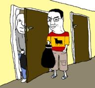 bull closed_mouth clothes door drawn_background full_body glasses hair holding_object smile smug soyjak spain variant:chudjak // 826x762 // 84.0KB