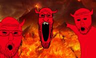 3soyjaks arm demon drawn_background fangs fire glasses hell horn lava lucifer mountain open_mouth pointing red red_skin skeleton skull smoke stubble variant:markiplier_soyjak variant:two_pointing_soyjaks volcano // 918x554 // 541.3KB