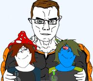 badge blue_eyes blue_shirt blue_skin brown_hair buff closed_mouth clothes dan emo_hair female francine frank girl glasses hair hat leaf logan muscles muscular_male mushroom shroom soybooru soyjak_blog soyjak_forum subvariant:muscular_chud subvariant:terryjak variant:chudjak vein // 1061x930 // 201.7KB