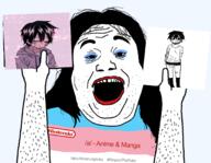 4chan a_(4chan) anime arm clothes ear flag hair hand holding_object japanese_text lee_hooni leg makeup nintendo open_mouth soyjak stubble suicide_boy text tranny variant:alicia video_game // 2048x1586 // 1.3MB
