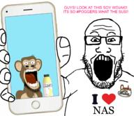 arm banana blue_background bored_ape_yacht_club bottle candycornstudios clothes ear glasses hair hand heart holding_object holding_phone i_heart iphone monkey mustache nas nft open_mouth phone poggers soy soyjak soylent stubble subvariant:phoneplier subvariant:phoneplier_vertical text variant:markiplier_soyjak white_background // 2160x1884 // 1.3MB