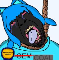 ack animal artist:crimsonvoidhydra1488 award black_skin bloodshot_eyes blue_hair cat cat_ear catgirl crying dead ear female gemcord gemma gempass grey_shirt hanging open_mouth rope shemmy shemmycuck tama_is_goonslop text transparent_background variant:bernd // 768x777 // 41.4KB