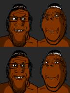 2soyjaks are_you_soying_what_im_soying black_skin closed_mouth clothes evil glasses grin hair hat looking_at_each_other looking_at_you ominous smile soyjak stubble subvariant:wholesome_soyjak variant:gapejak variant:markiplier_soyjak // 886x1172 // 80.3KB