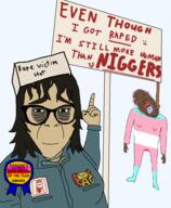 2soyjaks anya_(mouthwashing) arm award black_skin bloodshot_eyes blue_eyes blush brown_hair brown_skin clothes eyebags female flag:transgender_pride_flag full_body glasses hair hand mouthwashing_(game) pointing rape serious sign smile stubble subvariant:wholesome_soyjak text tongue tranny transparent_background variant:abortion_lover variant:bernd variant:gapejak warsaw's_rapist_of_the_year_award yellow_sclera // 789x960 // 121.1KB