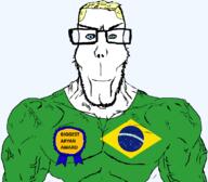 arm aryan award badge blond blue_eyes brazil buff clothes countrywar flag:brazil glasses green_shirt hair looking_at_you muscles ribbon smile soyjak stubble subvariant:euroaryan subvariant:euromutt subvariant:muscular_chud transparent_background variant:chudjak variant:markiplier_soyjak vein yellow_hair // 1059x929 // 56.8KB