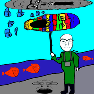 cloud fish glasses open_mouth outside rain stream stubble umbrella variant:a24_slowburn_soyjak variant:coinjak variant:markiplier_soyjak variant:soyak variant:tony_soprano_soyjak variant:uncjak waders water // 800x800 // 163.2KB