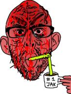 angry blood bloodshot_eyes coffee cup drinking drinking_straw ear glasses hand holding_object mug red_eyes soyjak stubble thick_eyebrows tired variant:nojak // 422x554 // 81.5KB