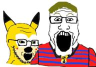2soyjaks chris-chan clothes glasses hair necklace open_mouth pikachu pokemon sonichu soyjak stubble variant:markiplier_soyjak variant:soyak yellow_hair // 641x447 // 245.7KB