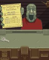 coronavirus_pandemic glasses holding_object papers_please soyjak stubble style_emulation vaccine variant:markiplier_soyjak video_game // 710x864 // 127.8KB