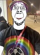 fifa glasses hair irl_background lgbt lipstick purple_hair smile soccer soyjak stubble tranny variant:bernd world_cup // 1073x1450 // 318.8KB