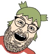 4chan anime clothes glasses green_hair hair open_mouth soyjak stubble variant:its_out_get_in_here white_skin yotsoyba // 672x746 // 30.6KB