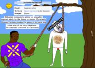 3soyjaks africa arm bloodshot_eyes buff christianity closed_mouth clothes cross crying drawn_background ear ethiopia flag full_body glasses grass hand hanging holding_object holding_rope irl jeans judaism leg lynching neovagina noose novial open_mouth outdoors rope smile smug soyjak star_of_david stubble subvariant:wholesome_soyjak sun symbol text tongue tree variant:bernd variant:chudjak variant:gapejak war wikipedia yellow yellow_skin yellow_teeth yemen // 1106x795 // 474.5KB