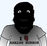 alternate analog_horror black_skin clothes glasses glowing_eyes horror i_love open_mouth shadow soyjak stubble subvariant:science_lover text variant:markiplier_soyjak // 800x789 // 78.7KB