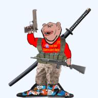 black_lives_matter brown_skin camouflage clothes ear firearm full_body gun holding_gun holding_object holding_pistol holding_rifle katana marpat mcdonalds open_mouth pistol rifle shoe sneakers soyjak stubble sword text variant:impish_soyak_ears weapon // 888x888 // 442.3KB