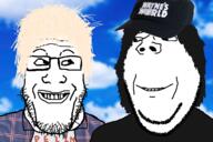 2soyjaks are_you_soying_what_im_soying closed_mouth clothes cloud glasses hair hat smile stubble text variant:gapejak variant:markiplier_soyjak waynes_world yellow_hair // 1200x800 // 481.9KB