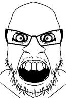 crazed glasses mirrored no_eyebrows open_mouth soyjak stubble variant:feraljak // 697x1028 // 122.5KB