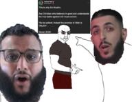 3soyjaks ali_dawah andrew_tate angry arm beard closed_mouth clothes glasses hand islam mohammed_hijab open_mouth pointing quran quran_30:60 soyjak stubble sunglasses text variant:chudjak variant:two_pointing_soyjaks watch // 880x679 // 324.4KB
