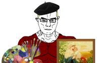 Mary artist aryan beret blue_eyes brush closed_mouth colors flower glasses jesus muscles painting palette picture plant red_shirt subvariant:muscular_chud variant:chudjak white_background yellow_hair // 1742x1123 // 333.9KB