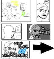 2soyjaks arm back clean_dance closed_mouth comic concerned drawn_background ear full_body glasses graffiti hand holding_object open_mouth phone soyjak stubble subvariant:doctos subvariant:lawrence subvariant:soyak_(concerned) text tongue variant:markiplier_soyjak variant:soyak // 1391x1509 // 421.1KB