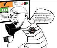 Sputnik arm badge clothes computer ear glasses hand open_mouth portuguese_text pzp qanon russia_today screen smug soyjak speech_bubble stubble text variant:zoomer_on_computer // 762x634 // 66.4KB