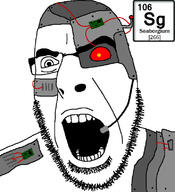 angry antenna chemistry cyborg element glasses open_mouth pun red_eyes seaborgium soyjak stubble text variant:cobson // 721x789 // 119.1KB