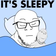 bed closed_eyes closed_mouth glasses pillow plush sleeping sleepy smile stubble subvariant:wholesome_soyjak text variant:feraljak variant:gapejak // 1500x1500 // 264.9KB