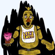 animatronic chica_(fnaf) chicken cupcake five_nights_at_freddy's fnaf holding_object open_mouth pointing soyjak stubble transparent_background variant:impish_soyak_ears variant:shirtjak // 420x420 // 37.3KB