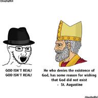 atheism beard bishop christianity clothes fedora fleur-de-lys glasses god grey_hair hat mustache open_mouth saint_augustine soyjak stubble teeth text variant:soyak // 1080x1080 // 72.1KB