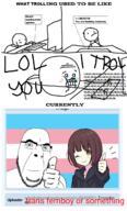 ban boymoder closed_mouth flag glasses hand lolkek menhera_chan smile soybooru soyjak stubble thumbs_up tranny trans_rights transgender_flag trolling variant:cobson // 755x1255 // 337.2KB