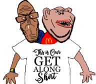 2soyjaks amerimutt angry bloodshot_eyes brown_skin clothes ear euromutt europe get_along_shirt glasses mcdonalds mucus mustache open_mouth stubble subvariant:euromutt subvariant:impish_amerimutt united_states variant:impish_soyak_ears variant:markiplier_soyjak watch // 1024x896 // 311.6KB