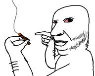 arm bloodshot_eyes closed_mouth hand holding_object mustache pointing soyjak stubble variant:holdjak weed // 592x473 // 11.5KB
