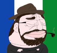 beard brown_hair closed_eyes closed_mouth clothes glasses hair harold_covington hat kohler northwest_front pipe pnw smoking soyjak subvariant:kohler variant:chudjak // 1048x978 // 117.1KB