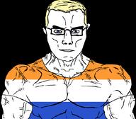 blue_eyes closed_mouth dutch flag flag:netherlands_orange glasses hair muscular_male netherlands smile soyjak subvariant:muscular_chud variant:chudjak yellow_hair // 1059x928 // 48.8KB