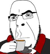 arm beard closed_mouth cup drinking glasses hand looking_to_the_left loungewear plate stubble tea tired variant:cobson // 775x849 // 34.7KB