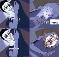 2soyjaks ack anhero bed bloodshot_eyes chud comic comic_sans glasses hair hanging lipstick makeup noose open_mouth phone red_eyes reddit soyjak stubble text texting tongue tranny variant:bernd variant:chudjak yellow_teeth ywnbaw // 680x662 // 538.2KB
