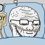 bags_under_eyes bed blanket closed_eyes closed_mouth clothes glasses hospital intravenous_drip liver_spots nasal_cannula old pillow smile soy thinking variant:soyak wrinkles // 753x755 // 509.5KB