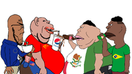 bald big_lips black_sclera bottle brown_skin can clothes coca_cola curly_hair drinking drinking_straw ear fat flag flag:brazil flag:european_union flag:mexico flag:united_states fries glasses hair holding_object hoodie jeans lips looking_to_the_left looking_to_the_right mcdonalds mexico pepsi revolver shirts side_profile soda stubble subvariant:brazilmutt subvariant:euromutt subvariant:impish_amerimutt teeth variant:impish_soyak_ears variant:meximutt white_background // 1920x1080 // 268.6KB