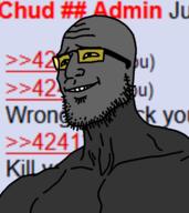 admin buff gigachad glasses smile soot soot_colors soyjak_party stubble variant:gigson yellow_eyes yellow_glasses // 640x718 // 181.4KB
