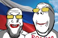 2soyjaks are_you_soying_what_im_soying big_z cyrillic_text flag glasses irl_background looking_at_each_other ominous russia shadow smile smirk soyjak subvariant:wholesome_soyjak variant:gapejak variant:markiplier_soyjak // 1200x800 // 802.7KB