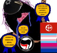 antifa award bloodshot_eyes cellian cerulean clothes flag:bisexual_pride_flag flag:transgender_pride_flag hanging hat judaism kaban_(kemono_friends) kemono_friends kippah one_eye pflp rope serval_(kemono_friends) tranny vantablack_skin // 768x719 // 216.6KB