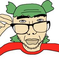 4chan anime closed_mouth glasses green_hair hair hand holding_object soyjak stubble variant:sobot yotsoyba // 548x548 // 8.4KB