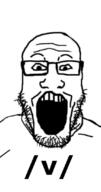 4chan glasses open_mouth soyjak stubble text v_(4chan) variant:markiplier_soyjak // 435x830 // 162.9KB