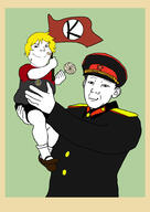 2soyjaks baby badge closed_mouth clothes communism ear flag hair hand hat holding_flag holding_lollipop holding_object joseph_stalin kolyma lollipop military_cap propaganda smile smug soyjak subvariant:shoyta variant:gapejak variant:kuzjak yellow_hair // 1414x2000 // 533.4KB