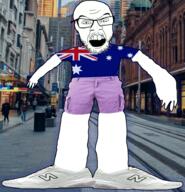 angry arm australia clothes flag full_body glasses hand irl_background mustache open_mouth shoe soyjak stubble tshirt variant:feraljak // 900x936 // 1.2MB