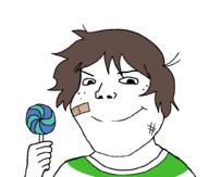 alternate bandage brown_hair closed_mouth clothes hair hand holding_lollipop holding_object lollipop shota smile soyjak subvariant:shoyta variant:gapejak // 1012x861 // 22.3KB