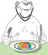 arm candy chest_hair ear fat fork hand holding_object knife nipple plate pun smile soyjak swedish_fish variant:impish_soyak_ears // 637x723 // 167.4KB