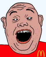 amerimutt black_sclera clothes ear hair mcdonalds open_mouth red_shirt soyjak stubble teeth transparent_background variant:alicia // 418x511 // 21.2KB
